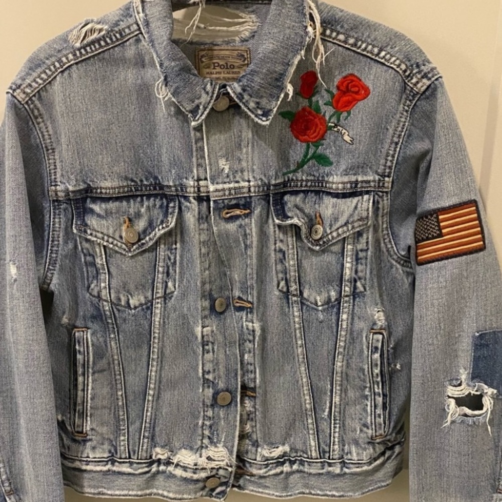 Polo Vintage Ralph Lauren Distressed  Jean Jacket  Red Rose / American flag -